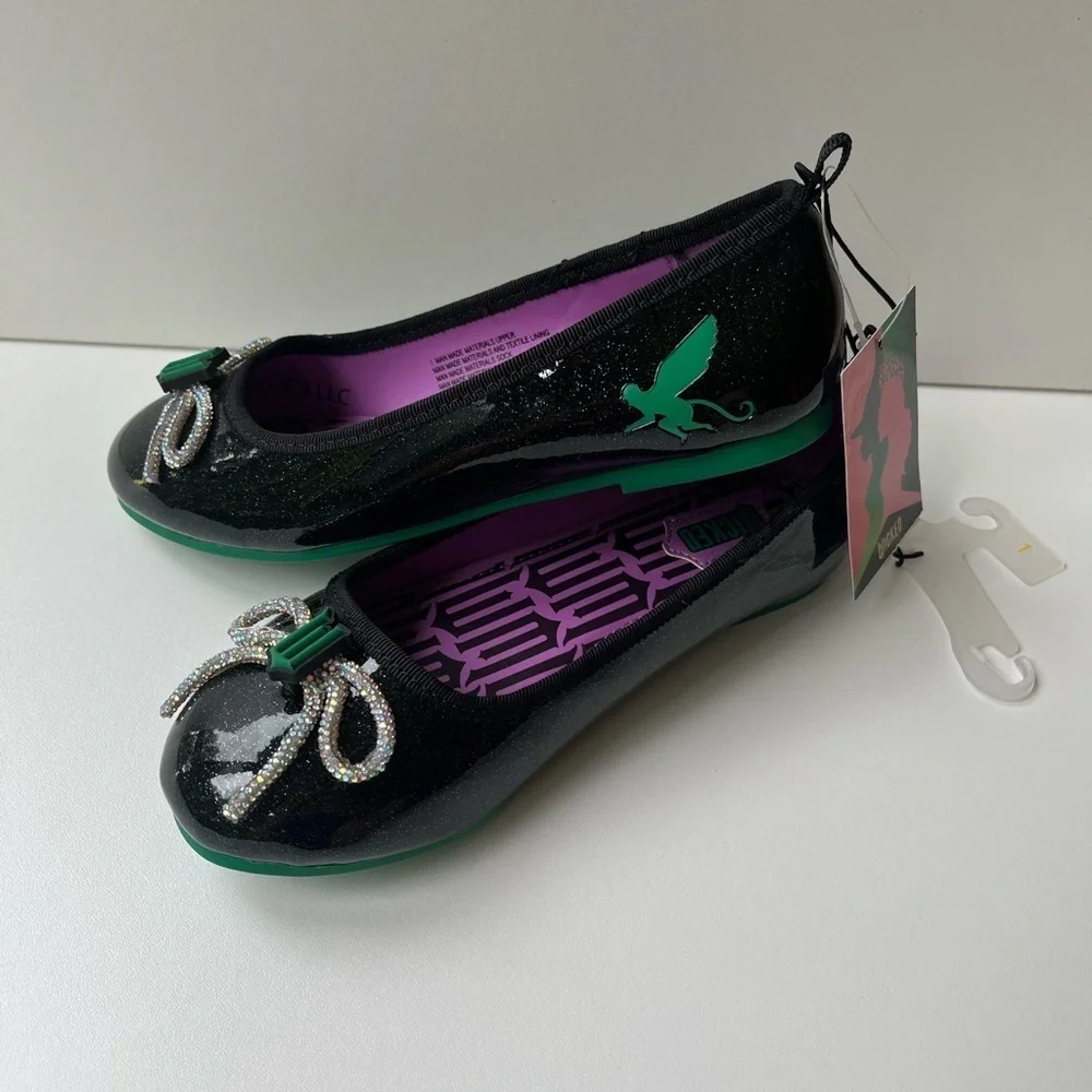 NEW Wicked Black + Purple Ballet Flats Girls Size 3 with faux diamond bow +logo